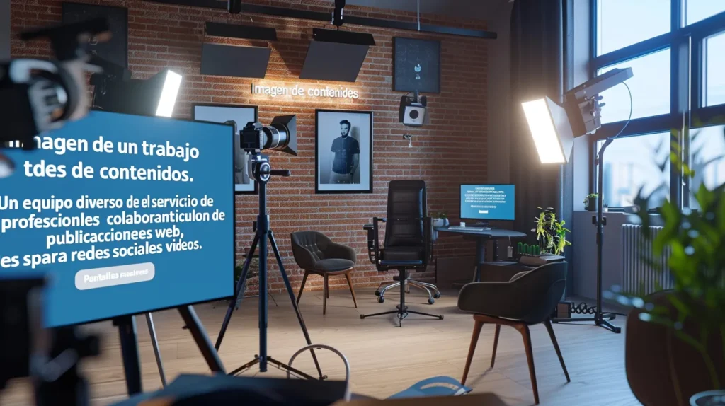 Espacio de estudio de producción con iluminación profesional cámaras y un monitor grande con texto en pantalla creando un entorno ideal para grabaciones y creación de contenido multimedia.