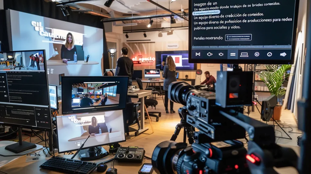 Estudio de producción audiovisual moderno con monitores y cámaras profesionales, mostrando personas trabajando y pantallas con contenido multimedia.
